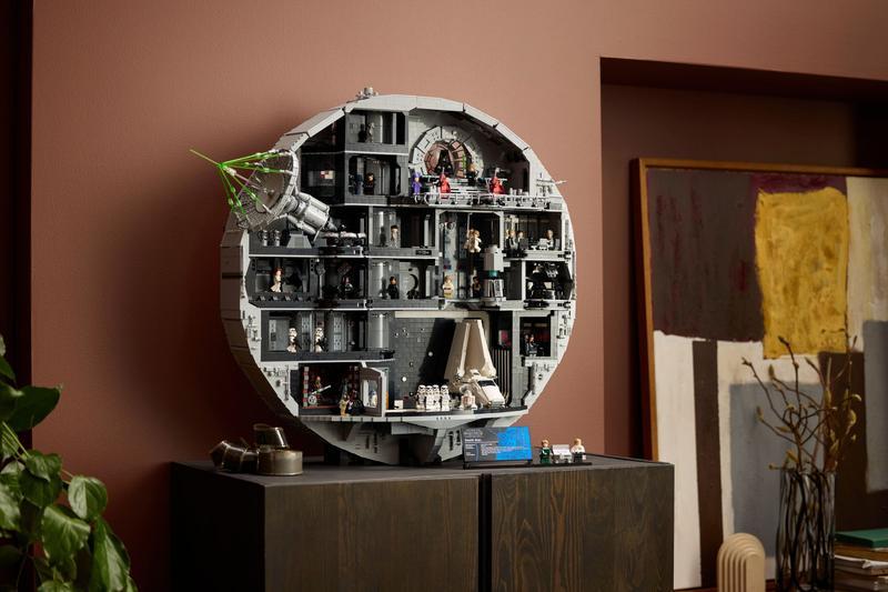 The new LEGO Death Star set sitting on a shelf against a wall