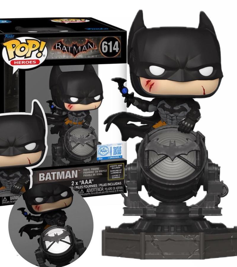 Batman Arkham Knight Funko Pop figure featuring Batman on the Bat Signal.