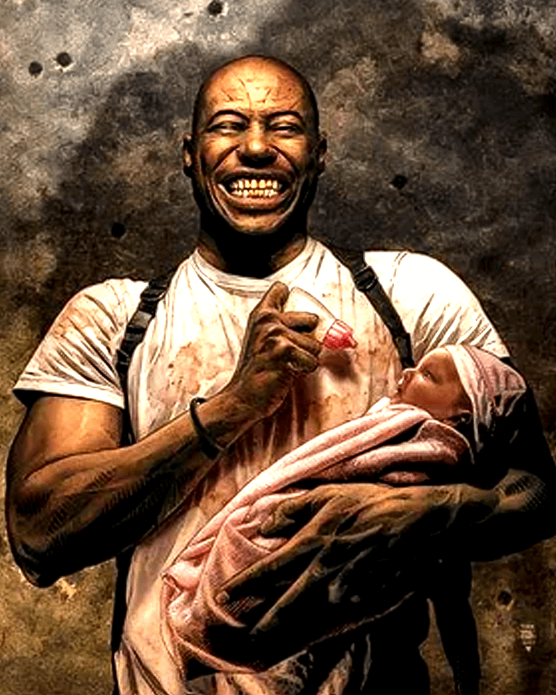 Barracuda cradling and feeding a baby in Marvel Comics.