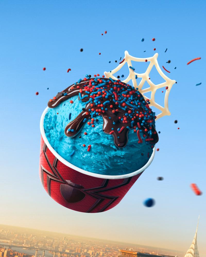 blue ice cream in a Baskin Robbins cup for 'Spider-Man: Brand New Day.'
