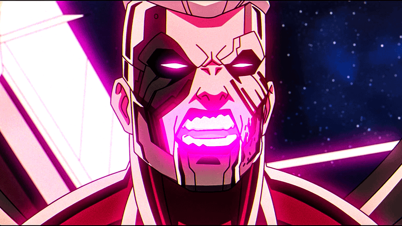 Bastion powering up with glowing purple energy emanating from his mouth in X-Men '97. 