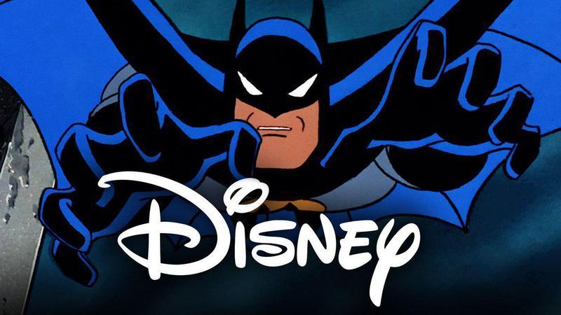 Batman from Batman: The Animated series diving toward the camera with the Disney logo in front of him