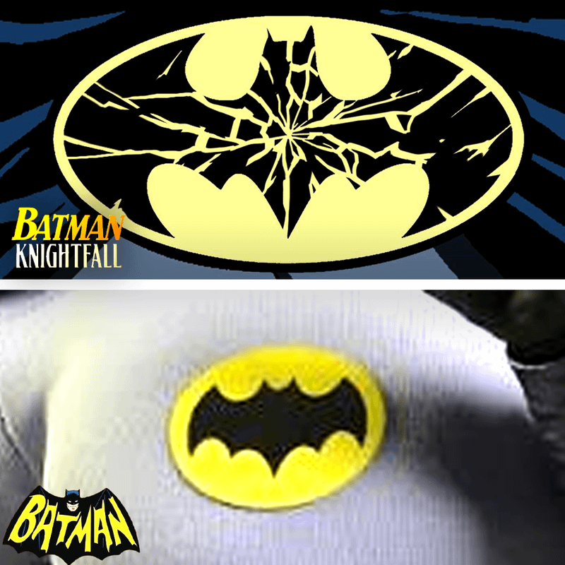 Batman classic logo and Knightfall logo.