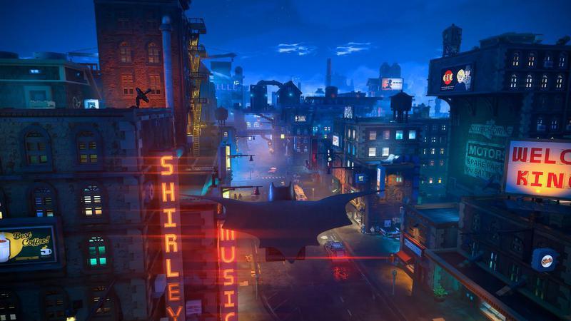 Batman gliding through Gotham in LEGO Batman Legacy of the Dark Knight