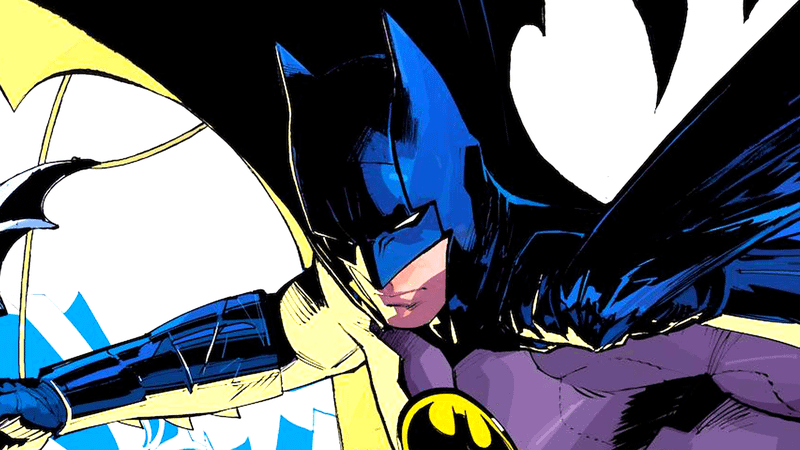 Batman in blue and grey suit with yellow Bat symbol.