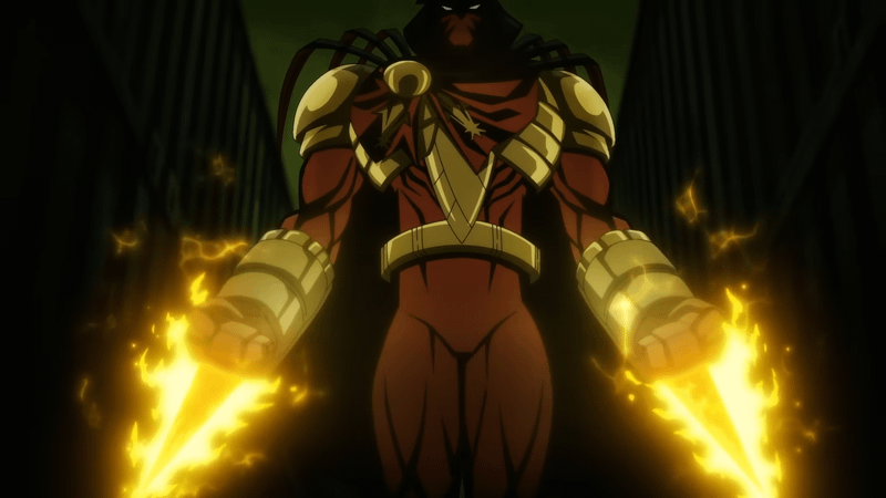 Azrael in red and yellow suit with flaming blades in 'Batman: Knightfall.'