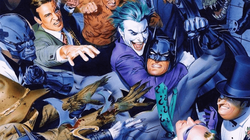 A variant cover by Mike Mayhew for Detective Comics #1000 showing Batman fighting all of his supervillains.