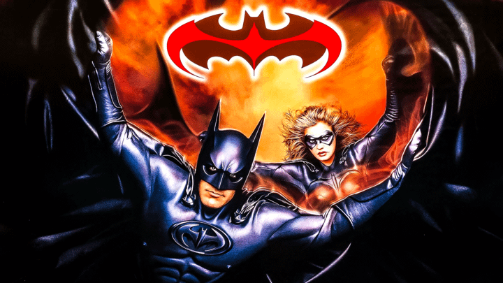George Clooney as Batman with his arms out and his cape extended, alongside Alicia Silverstone as Batgirl on the Batman & Robin poster.