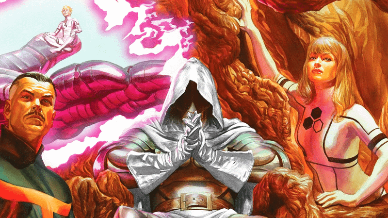 Doctor Strange, Doctor Doom and Sue Storm in Battleworld in Marvel's Secret Wars comics.