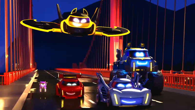 Bam, Redbird, Bibi, Batwing, and Buff in Batwheels.