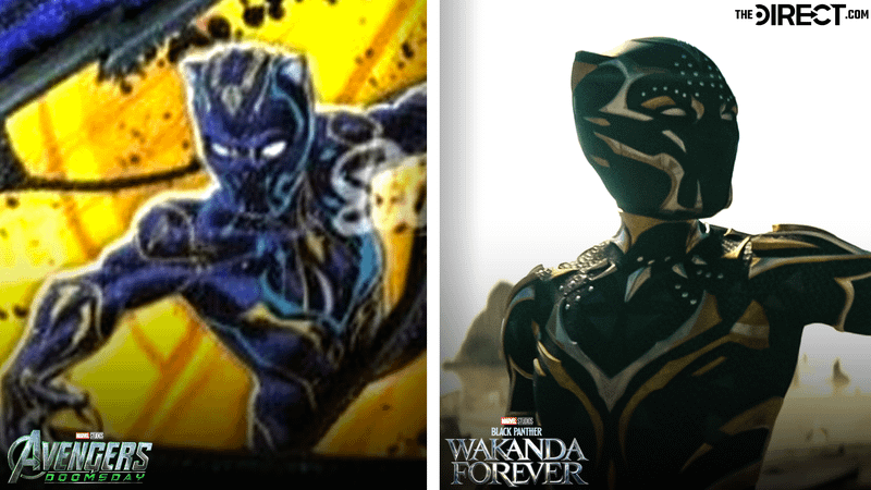 Black Panther suit on Avengers: Doomsday merchandise and Shuri in Black Panther: Wakanda Forever.