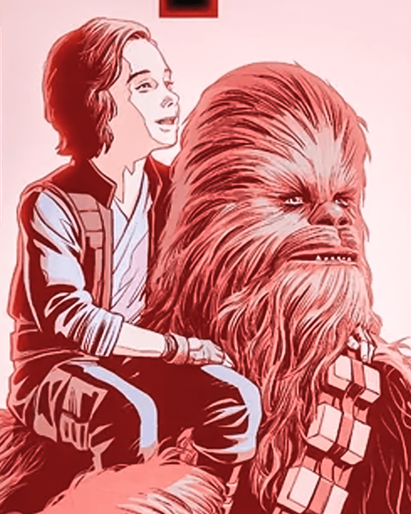 Ben Solo on the shoulder of Chewbacca in Star Wars