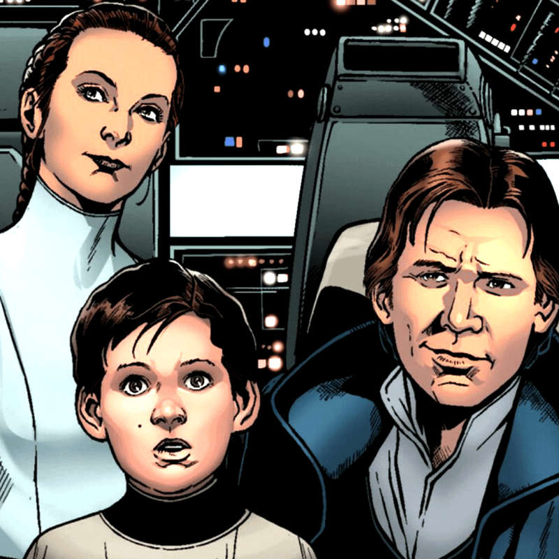 Ben Solo, Han, and Leia in the Millennium Falcon 