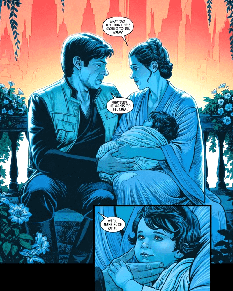 Leia and Han holding a baby Ben Solo in Legacy of Vader