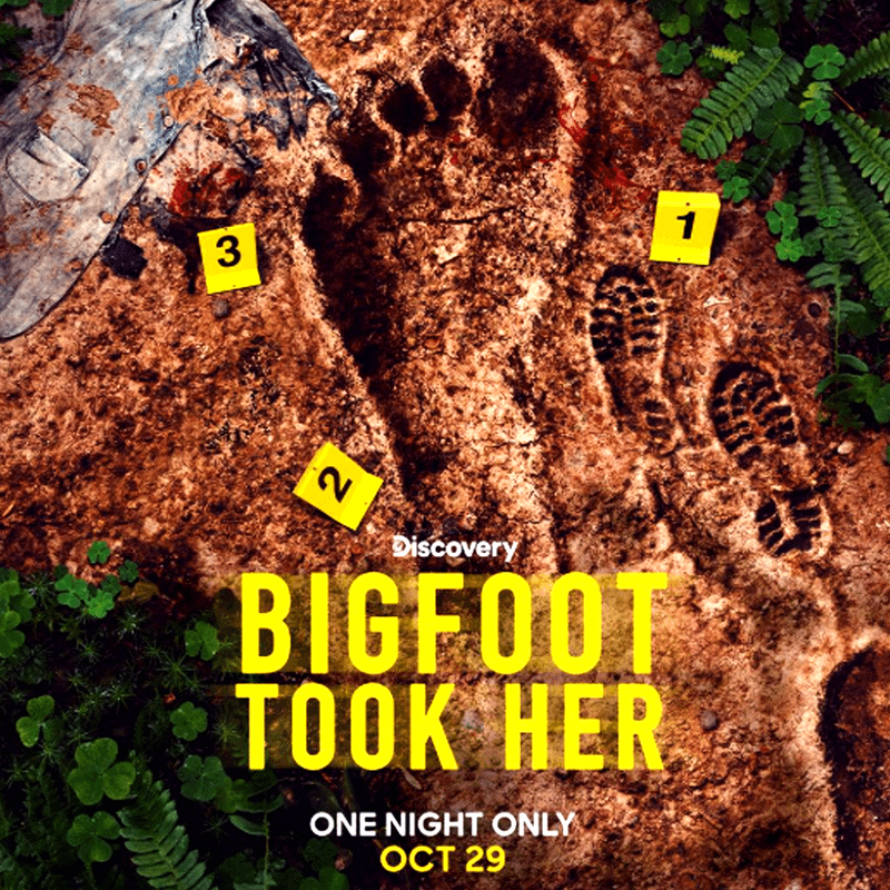 Bigfoot Took Her title image featuring a big foot print and some shoes prints