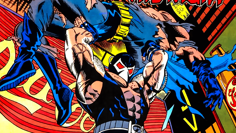Bane throwing down Batman in DC Comics.