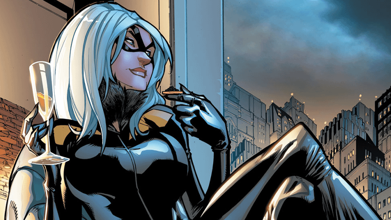 Felicia Hardy's Black Cat in her villain costume holding a glass of champagne and caviar.