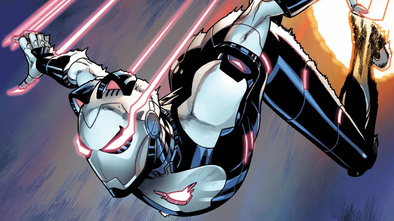 Tamara Blake flying in the Iron Cat armor.