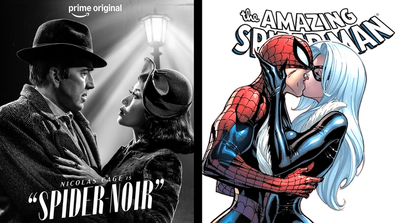 Ben Reilly and Cat Hardy on the left and a photo of Spider-Man kissing Cat Hardy on the right.