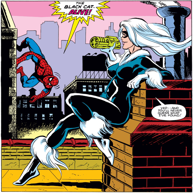 Felicia Hardy's Black Cat on a rooftop as she greets Spider-Man.