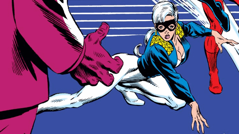 Felicia Hardy's Black Cat in her new costume, which includes gold shoulder pads.