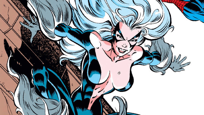 Felicia Hardy's typical Black Cat costume with a revealing and plunging neckline.