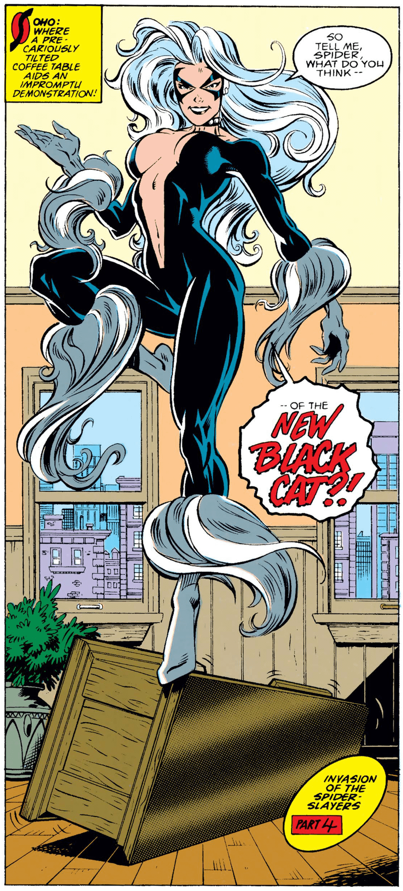 Felicia Hardy's Black Cat showing off her new costume to Peter Parker and Mary Jane Watson.