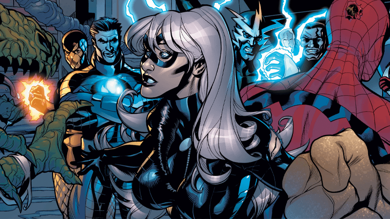 Felicia Hardy's Black Cat in her stealth suit, surrounded by supervillains.