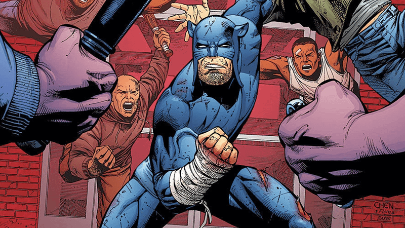 Ted Grant's Wildcat fighting some thugs.