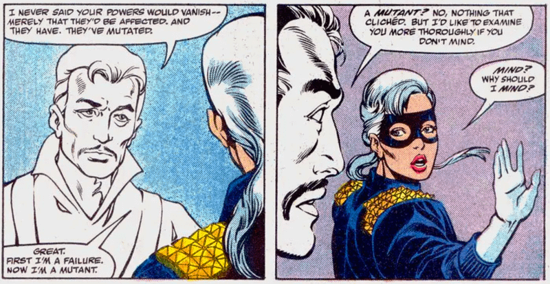 Black Cat speaking with Doctor Strange about the possibility of her being a mutant.