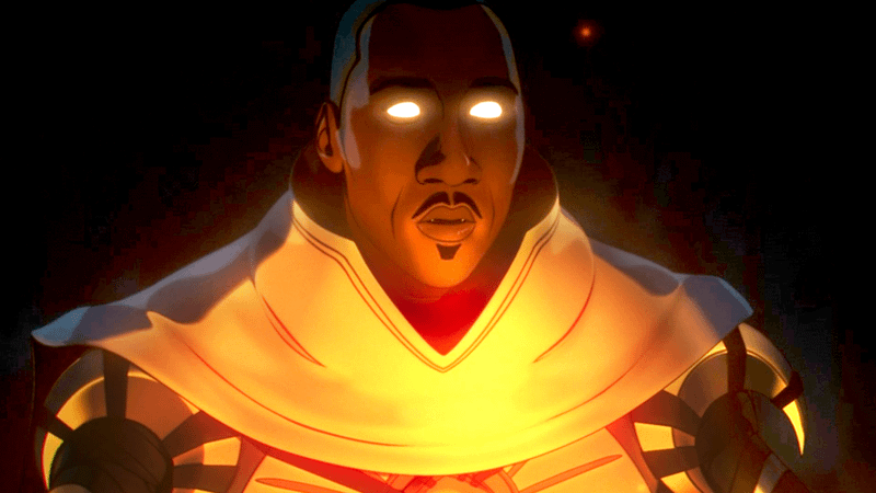Blade Knight with white glowing eyes sitting by a fire in Marvel Zombies