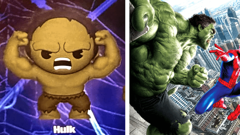Savage Hulk collectible bag clip from 'Spider-Man: Brand New Day,' Hulk vs. Spider-Man concept art.