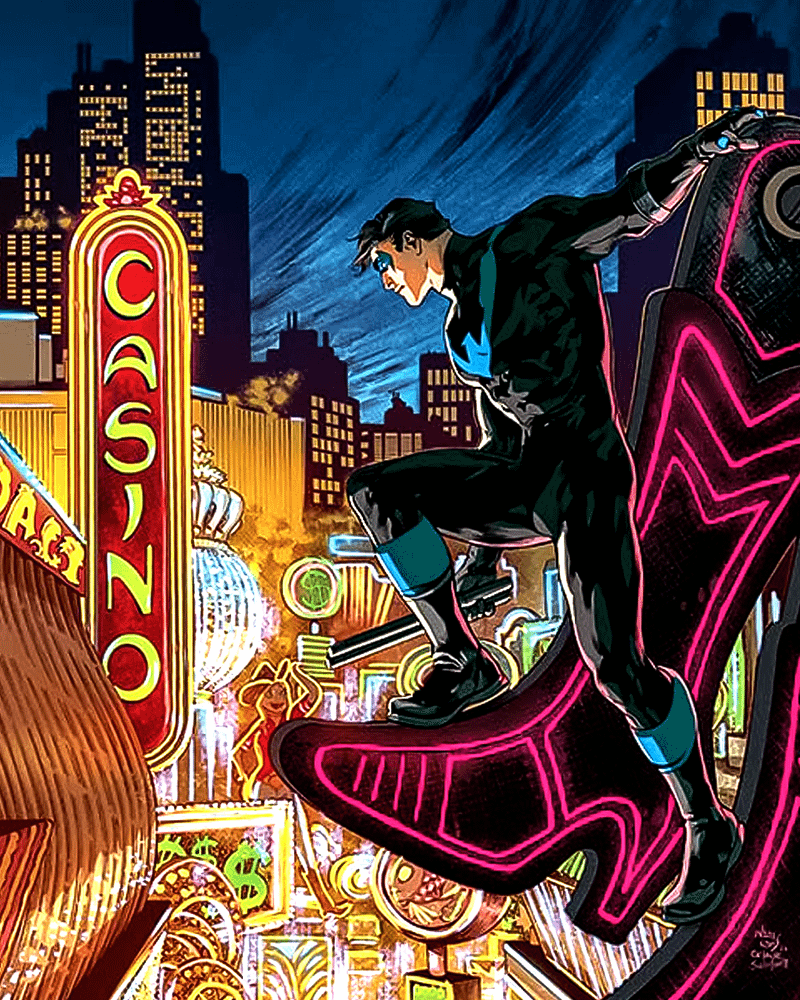 Nightwing above Bludhaven.