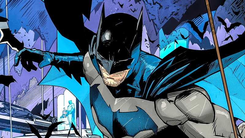 Batman surrounded by bats in DC Comics.