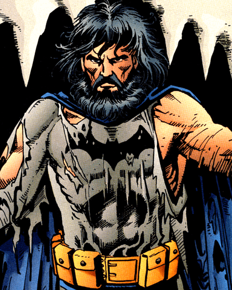 Batman with a beard and ripped costume in DC Comics