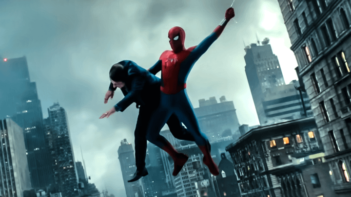 Spider-Man swinging through the city with a civilian in his arm.