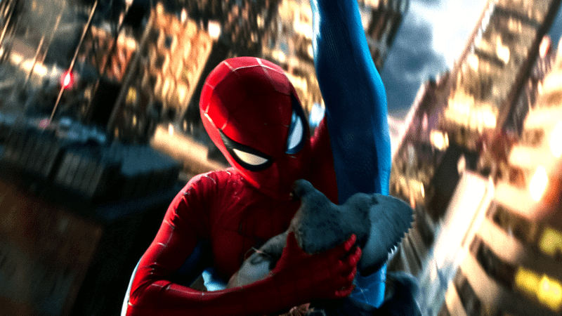 Spider-Man swinging holding bird in Brand New Day.