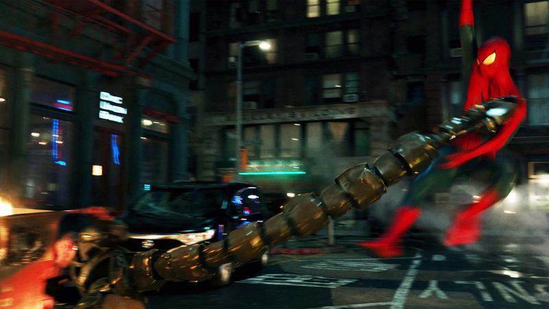 Scorpion hitting Spider-Man with his tail.