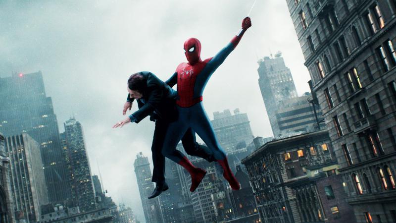 Spider-Man swinging with a civilian. 