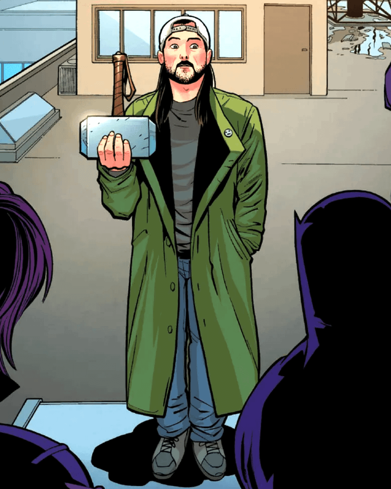 Silent Bob lifting Mjolnir. 