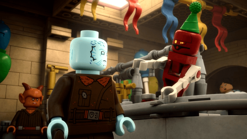 blue-skinned alien and droid in 'LEGO Star Wars: The Mandalorian.'