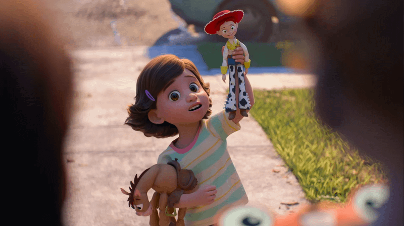 Bonnie holding Bullseye and Jessie in 'Toy Story 5.'