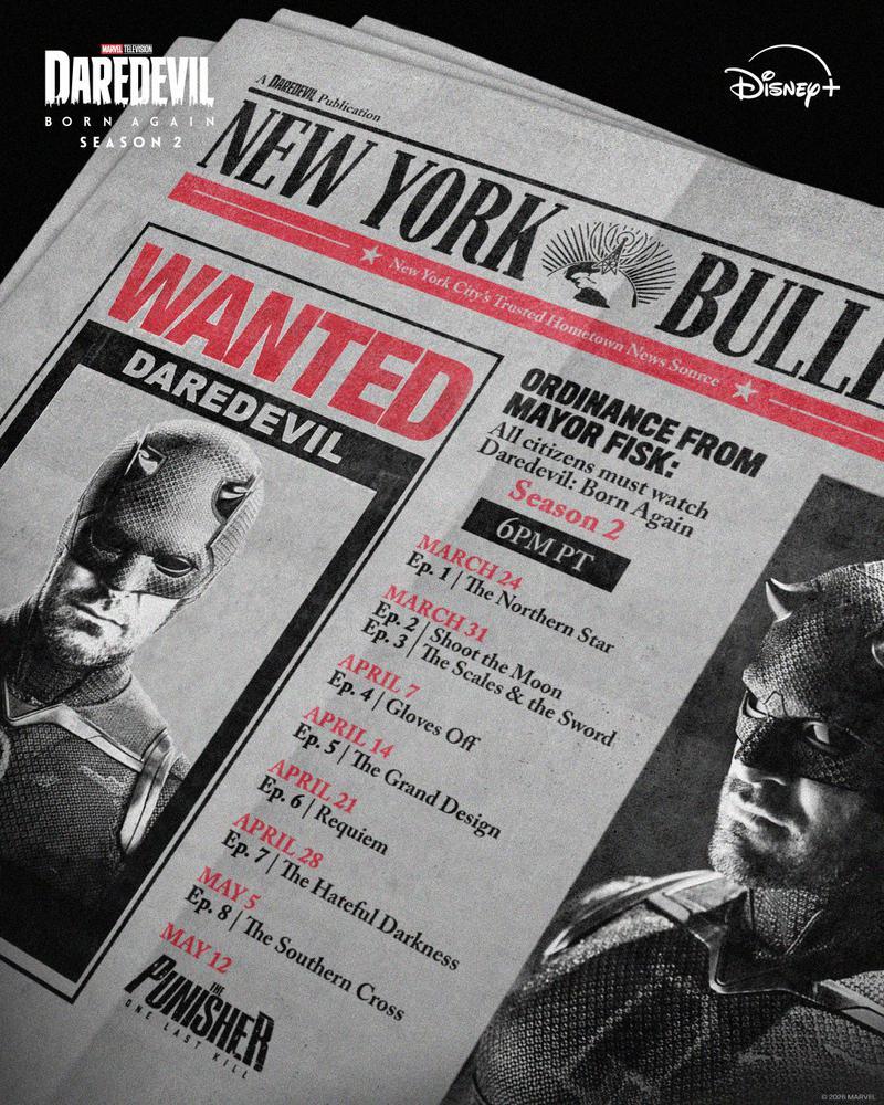 Daredevil Born Again Season 2 Release Schedule official graphic.