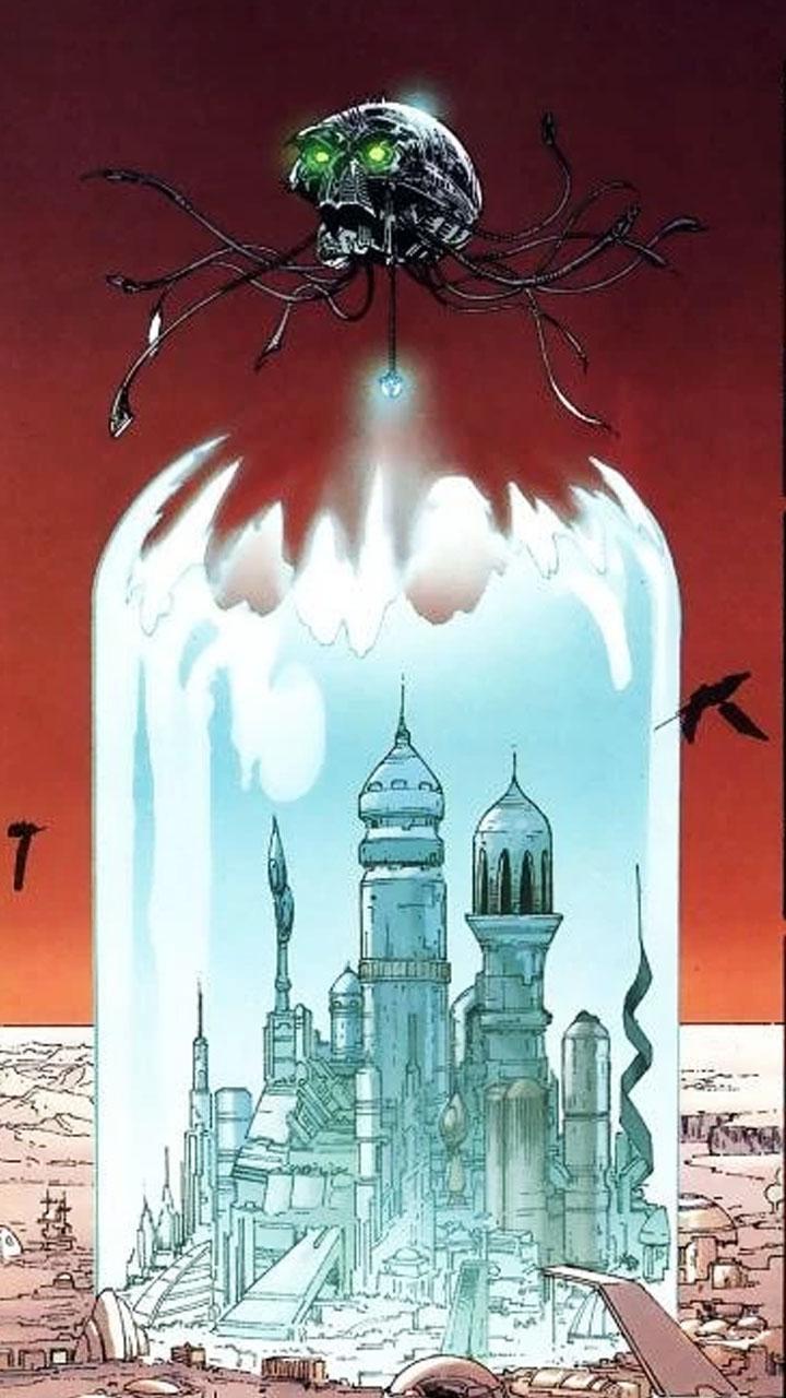 Brainiac shrinking Kandor in DC Comics.