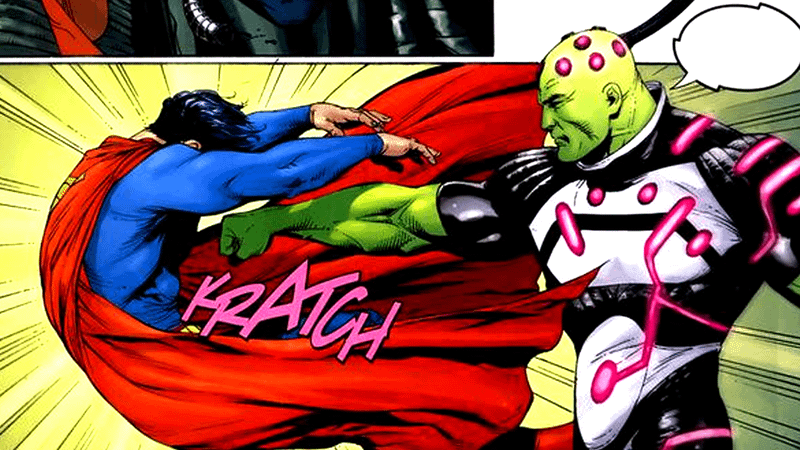 Superman and Brainiac fighting in the comics.