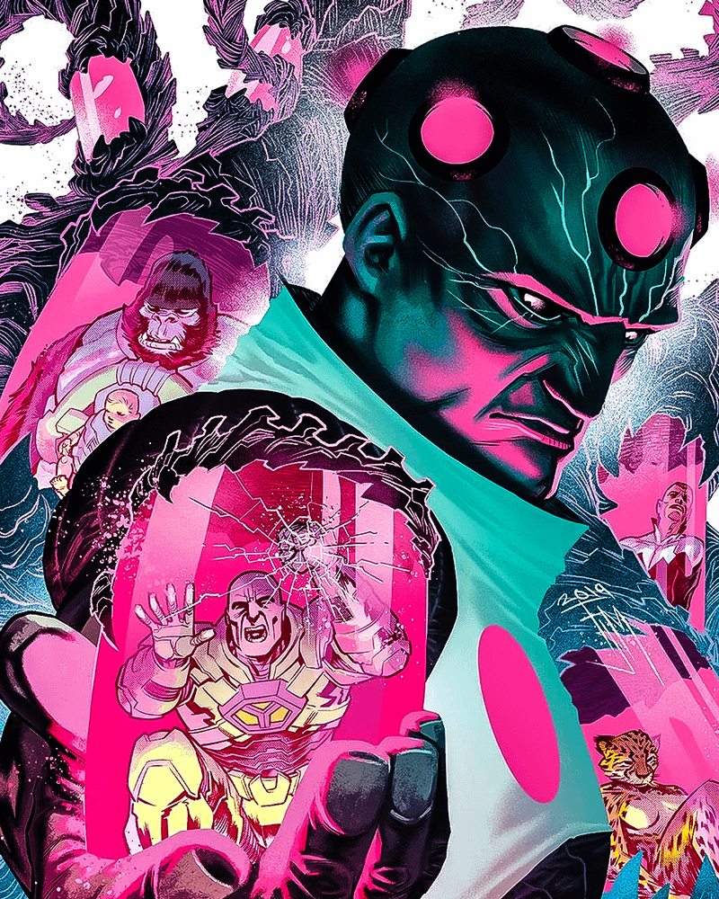 Brainiac in DC Comics with several villains trapped in jars