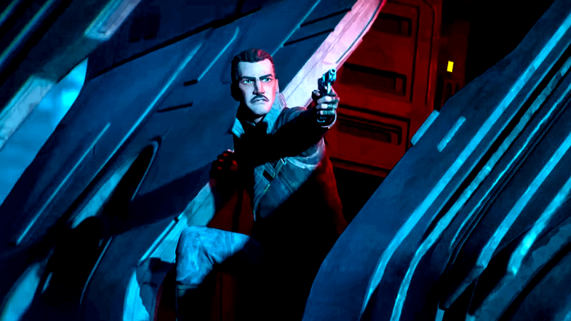 Brander Lawson shoots a gun in Star Wars: Maul - Shadow Lord