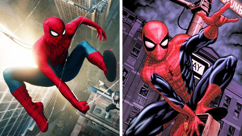 The Spider-Man suit from Brand New Day compared to the comics.