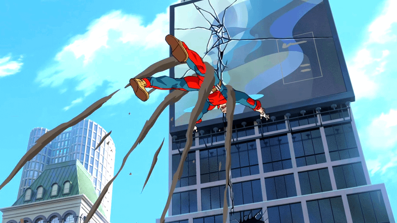 Image from Invincible series showing Brit being thrown into the side of a building against the Sequids.