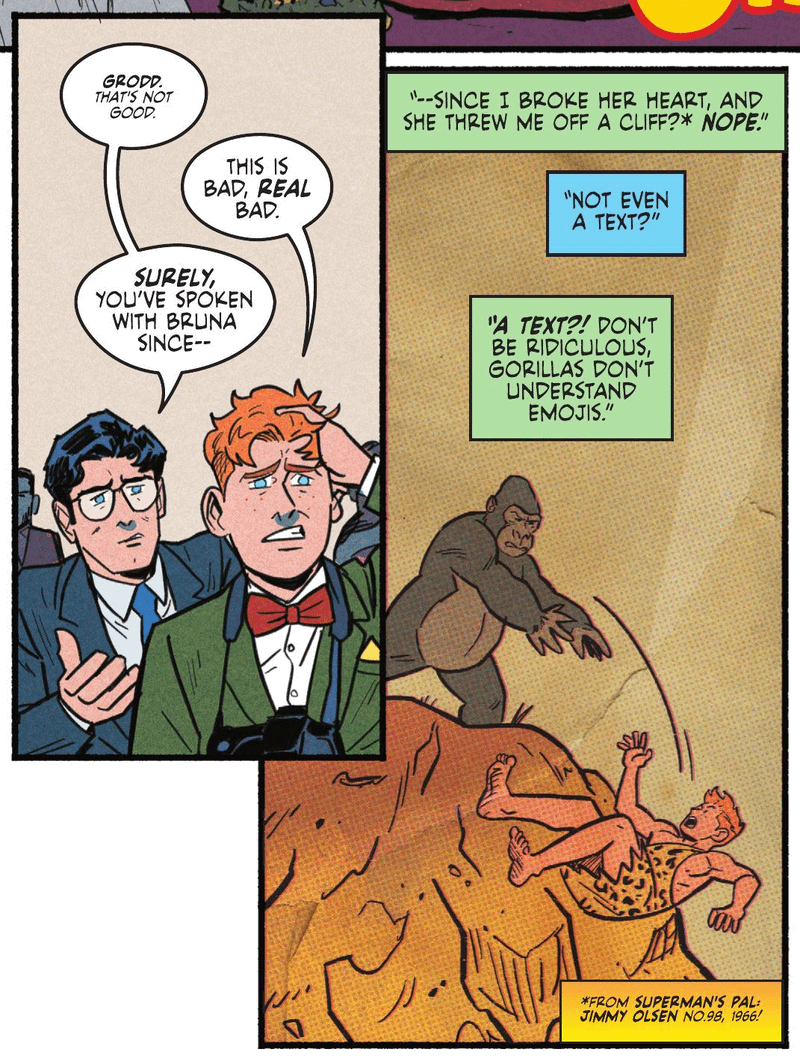 Jimmy Olsen and Clark Kent recalling how Jimmy married a gorilla, Bruna, and broke her heart.
